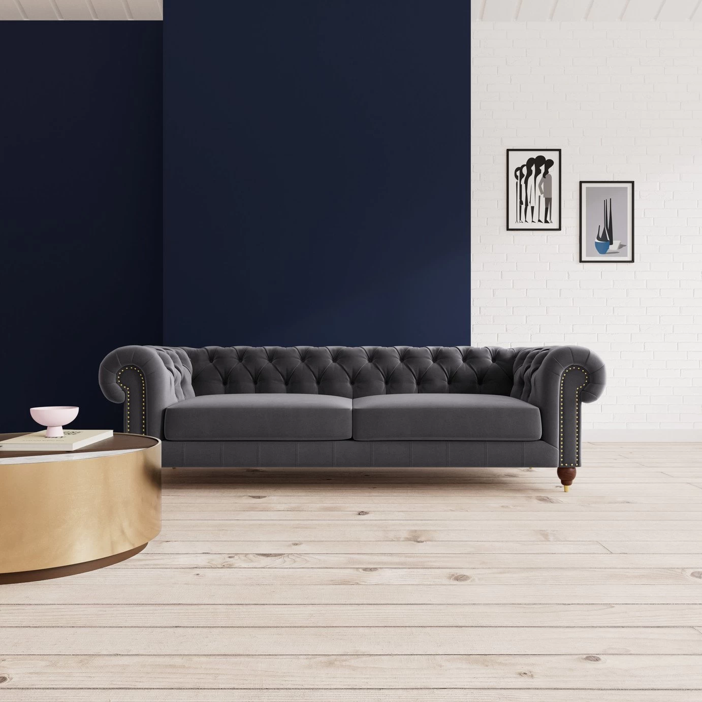 Swoon Winston Velvet 4 Seater Sofa - Granite Grey 2 Swoon Winston Velvet 4 Seater Sofa - Granite Grey - Image 2