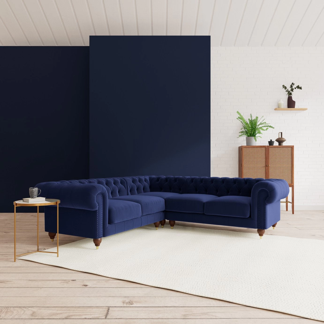Swoon Winston Velvet 5 Seater Corner Sofa - Ink Blue 2 Swoon Winston Velvet 5 Seater Corner Sofa - Ink Blue - Image 2